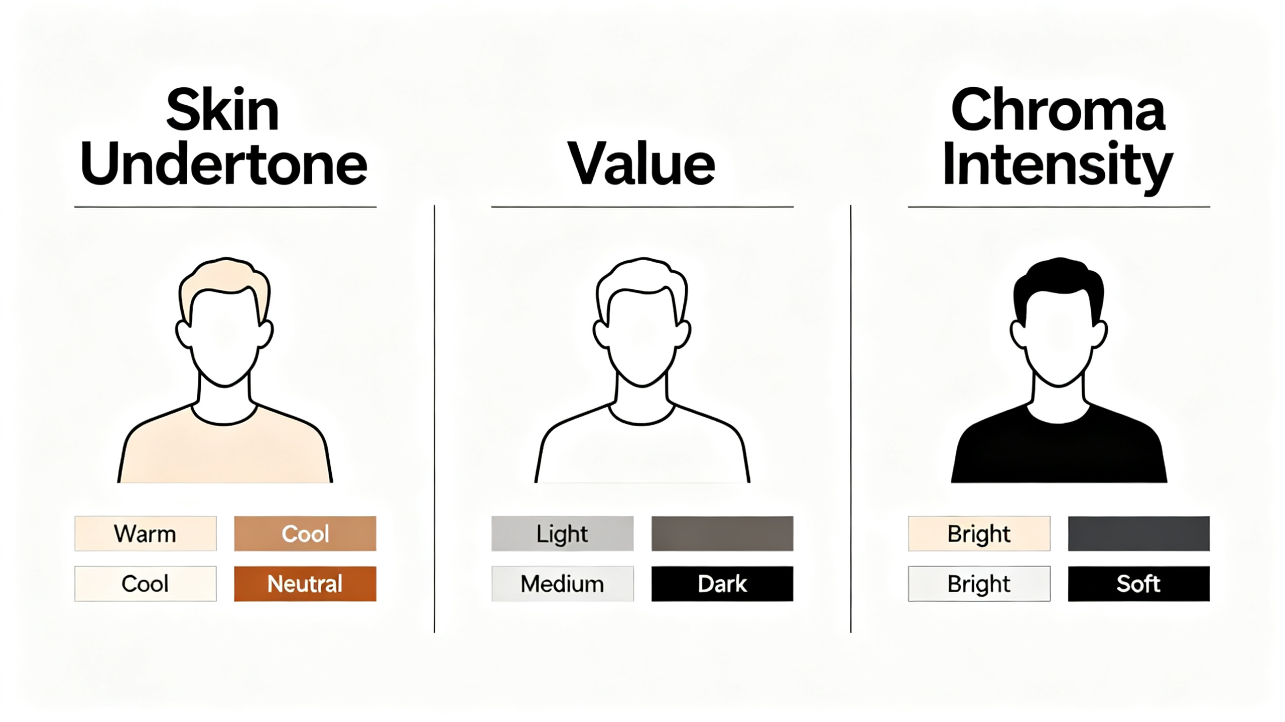 Diagrama visual que explica los tres conceptos base: subtono, valor e intensidad aplicados a hombres