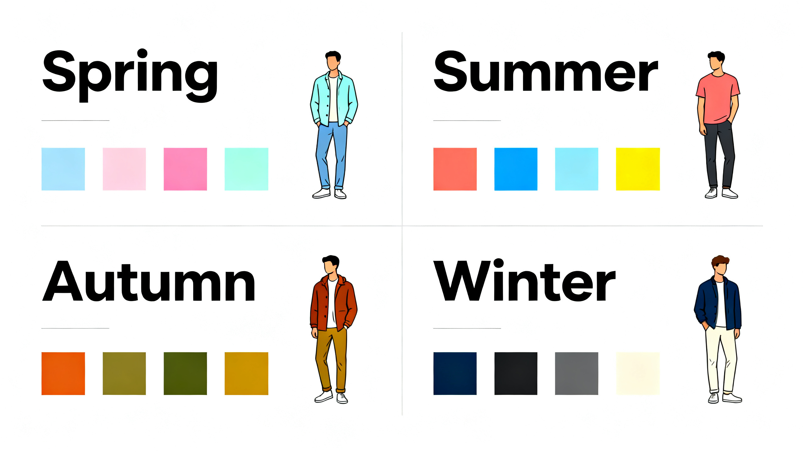 Guía visual de las 4 estaciones de color con paletas representativas para hombres